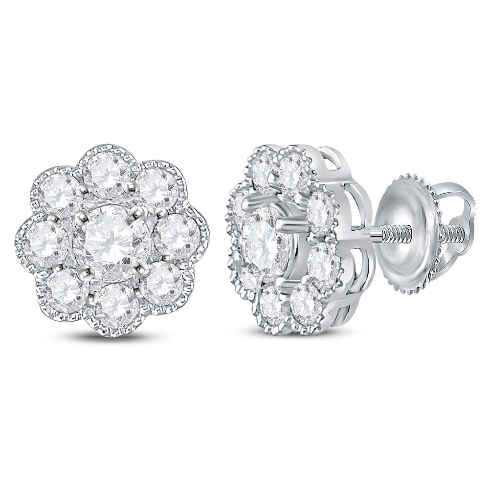 14kt White Gold Womens Round Diamond Flower Cluster Stud Earrings 1 Cttw