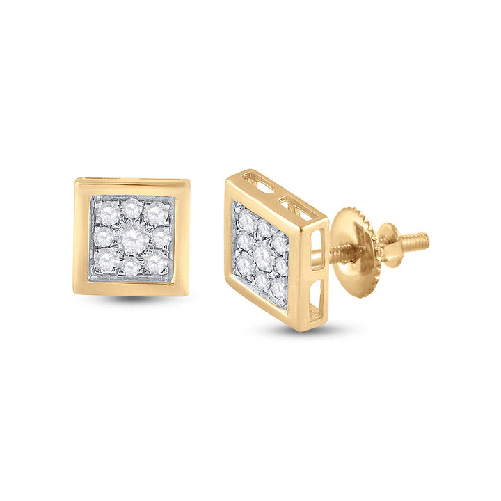 14kt Yellow Gold Mens Round Diamond Square Earrings 1/3 Cttw