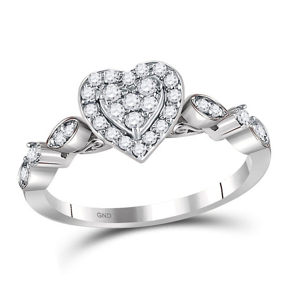 14kt White Gold Womens Round Diamond Heart Cluster Ring 1/3 Cttw