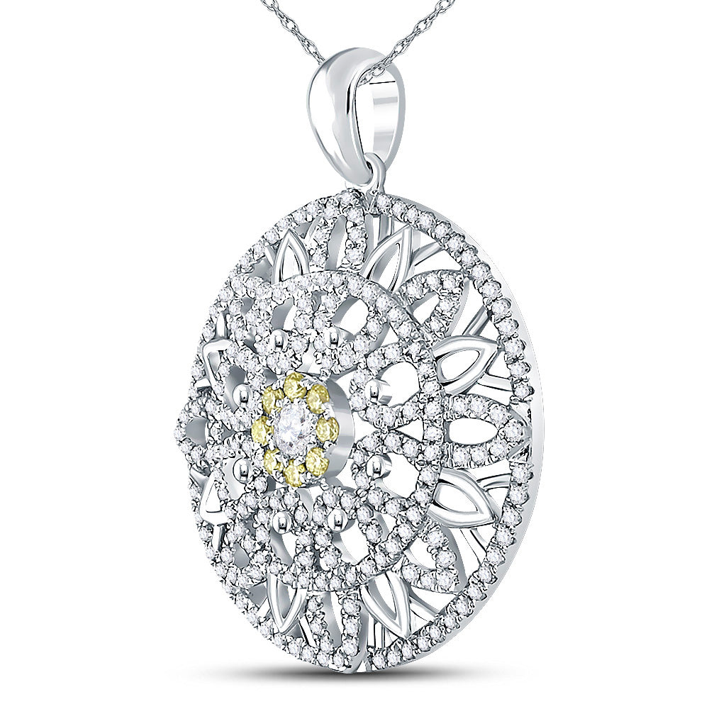 14kt White Gold Womens Round Diamond Mandala Circle Pendant 1 Cttw