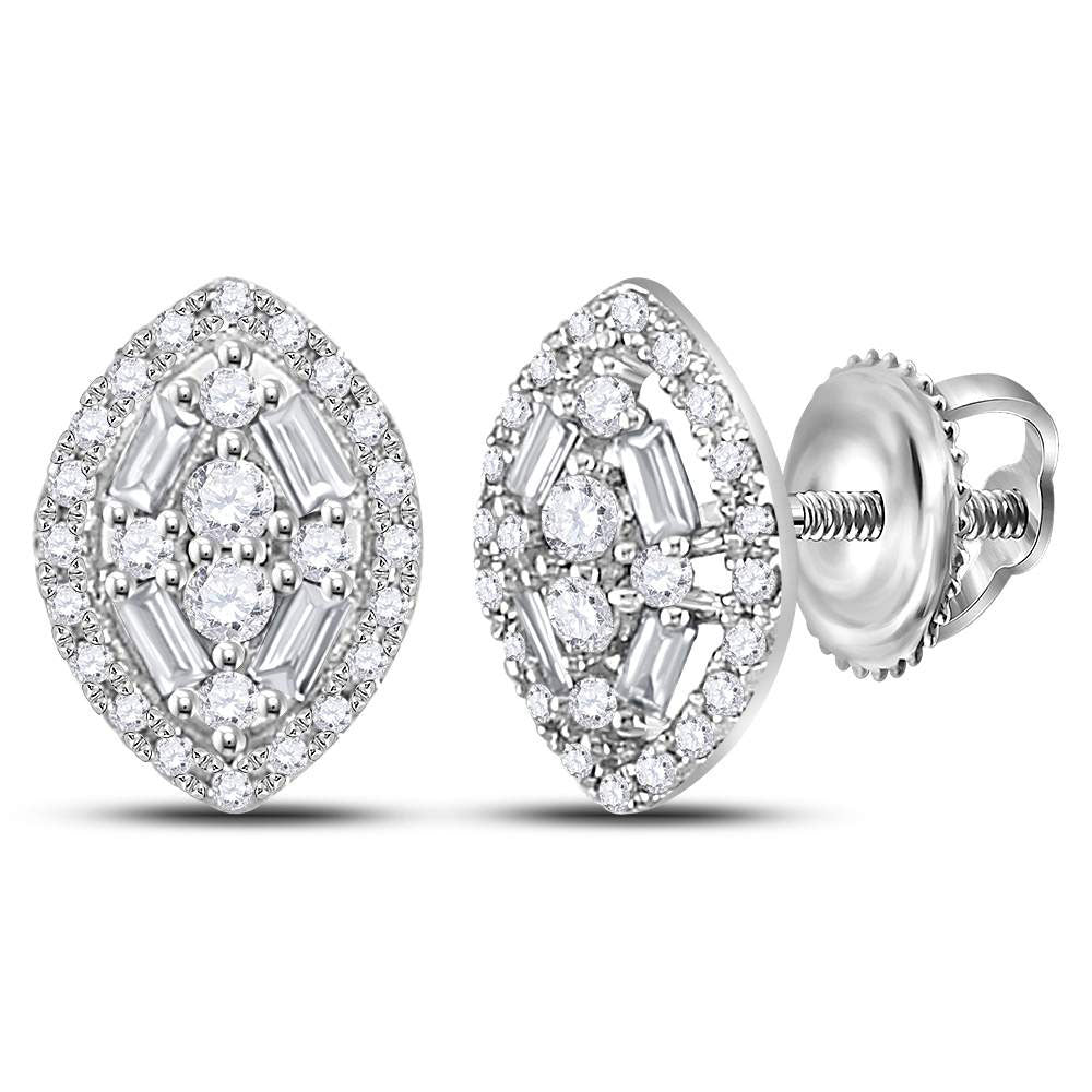 14kt White Gold Womens Round Baguette Diamond Oval Cluster Earrings 1/3 Cttw