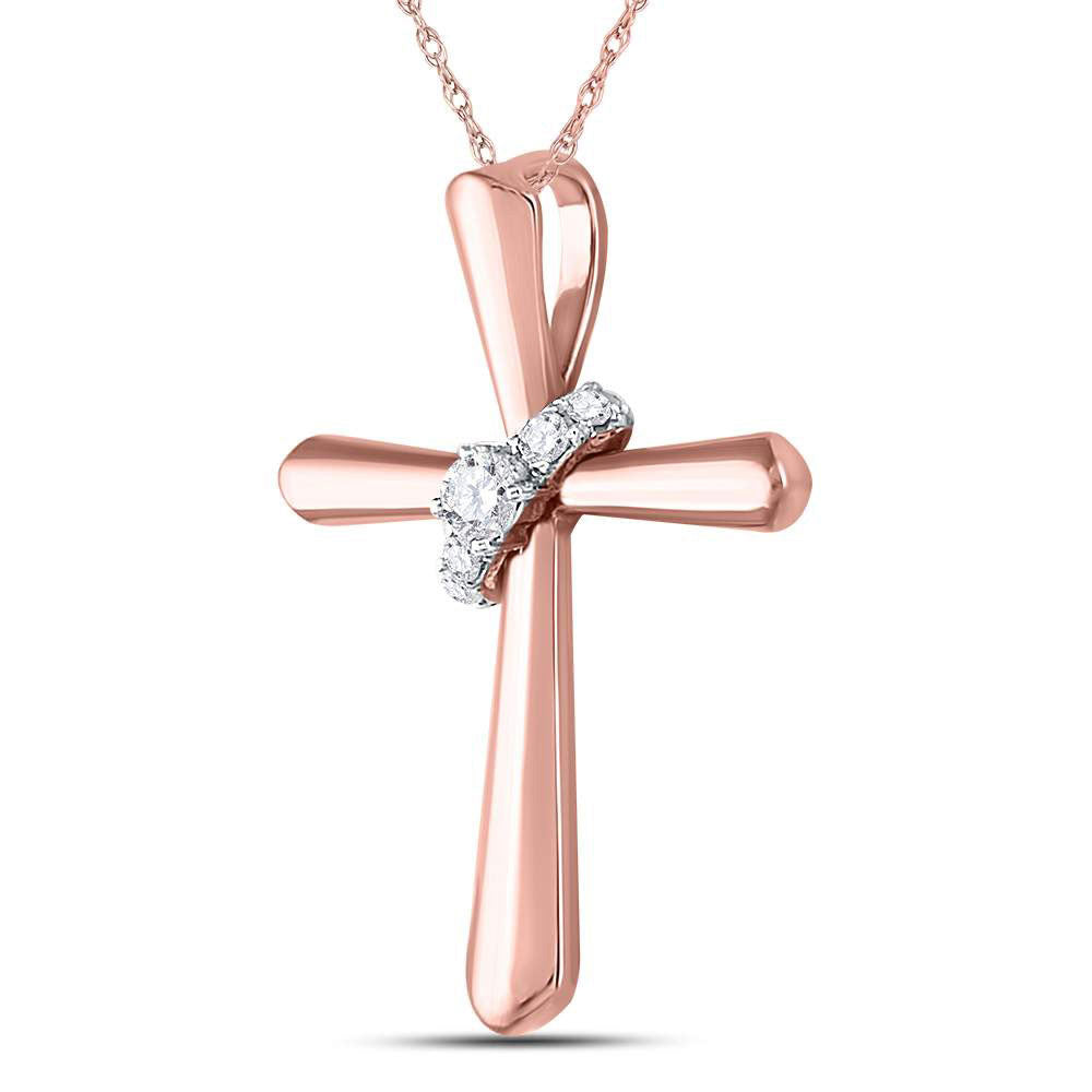 14kt Rose Gold Womens Round Diamond Cross Pendant 1/10 Cttw