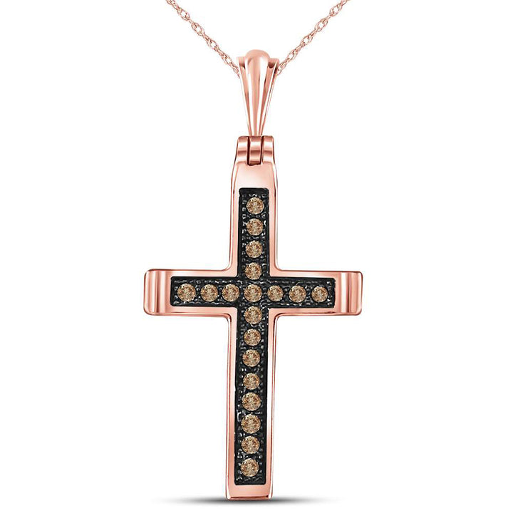 14kt Rose Gold Womens Round Brown Diamond Cross Pendant 1/10 Cttw