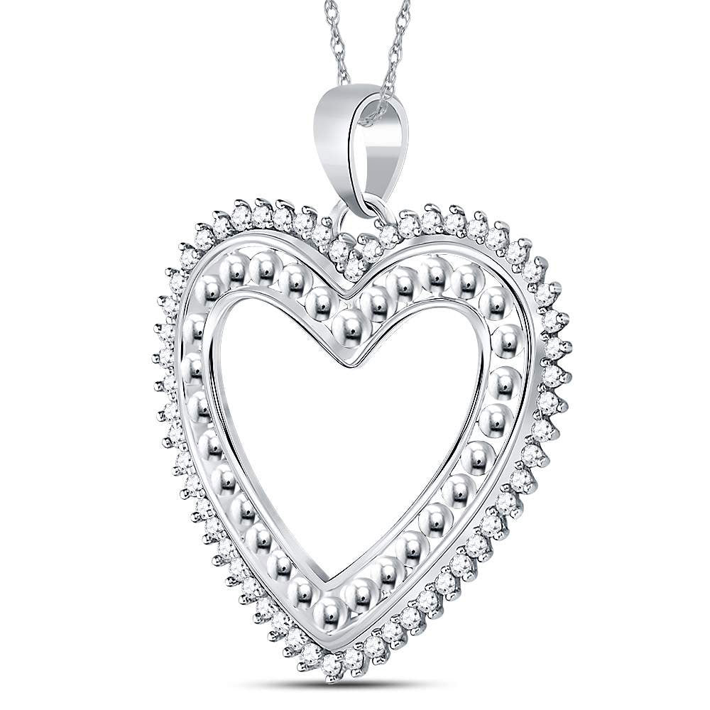 14kt White Gold Womens Round Diamond Beaded Heart Pendant 1/4 Cttw