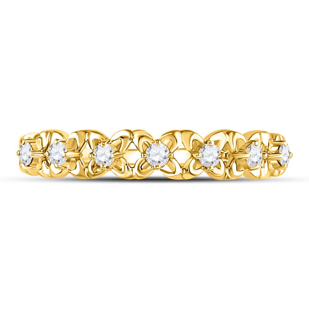 10kt Yellow Gold Womens Round Diamond Flower Petal Stackable Band Ring 1/6 Cttw