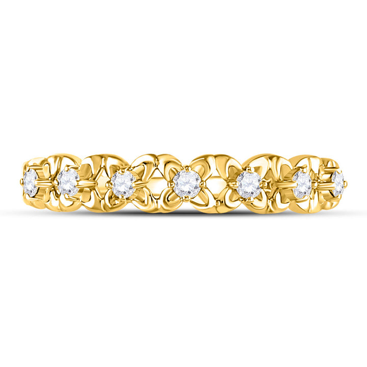 10kt Yellow Gold Womens Round Diamond Flower Petal Stackable Band Ring 1/6 Cttw