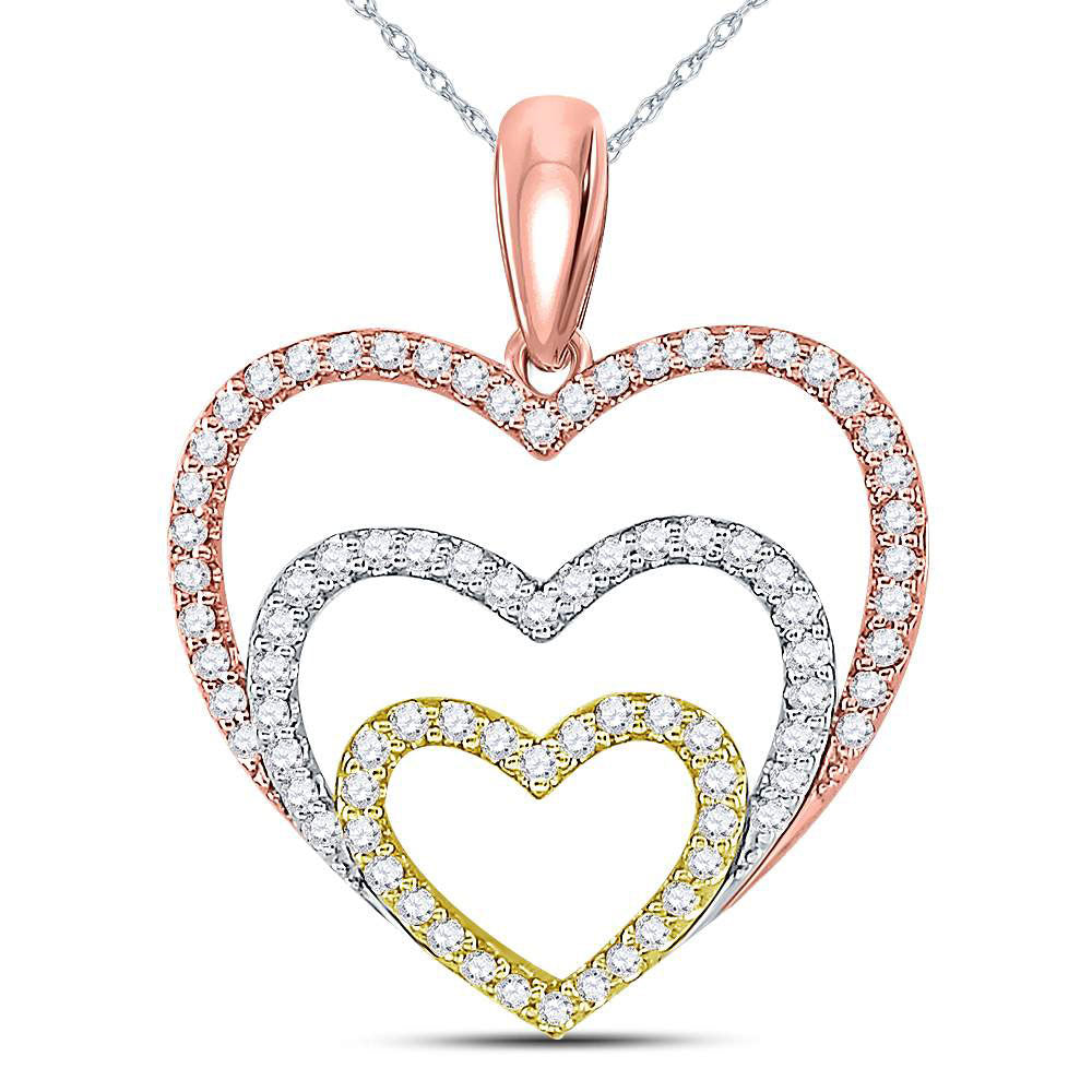 10kt Tri-Tone Gold Womens Round Diamond Triple Nested Heart Pendant 1/3 Cttw