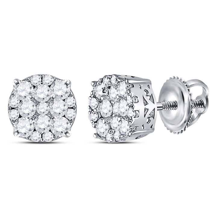 14kt White Gold Womens Round Diamond Cluster Stud Earrings 1/2 Cttw