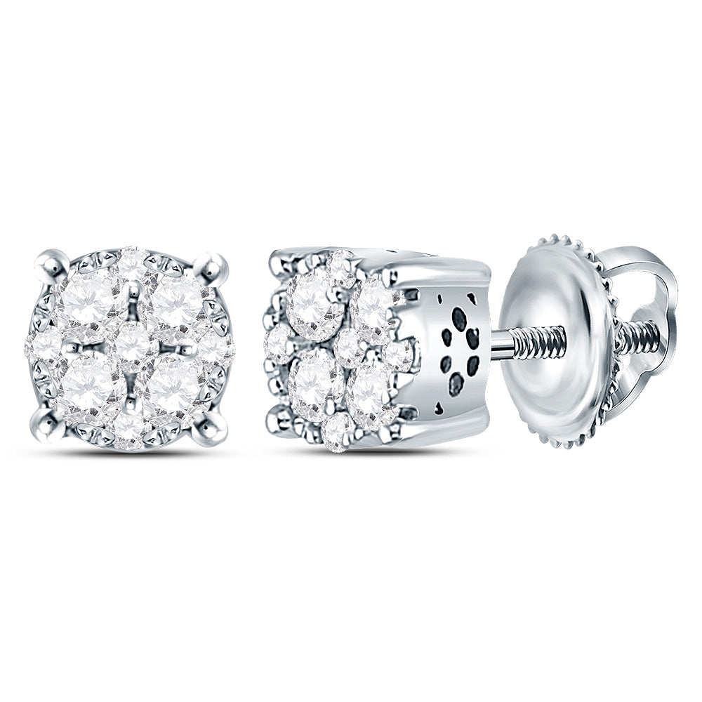 14kt White Gold Womens Round Diamond Cluster Earrings 1/2 Cttw