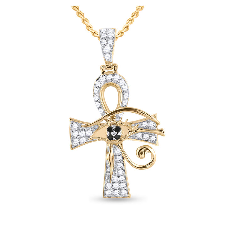 10kt Yellow Gold Mens Round Black Color Enhanced Diamond Ankh Cross Charm Pendant 1/2 Cttw