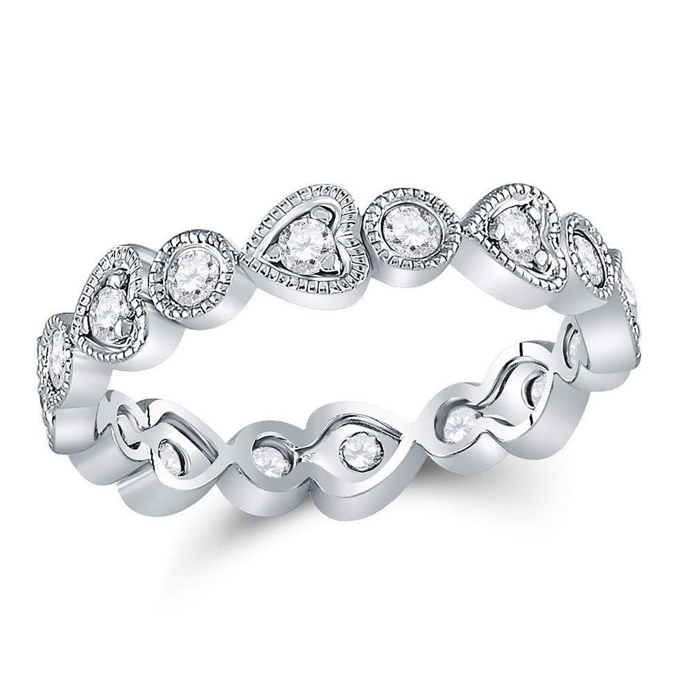 10kt White Gold Womens Round Diamond Heart Eternity Band Ring 3/8 Cttw