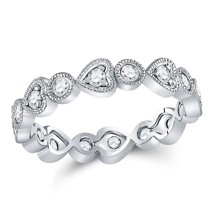 10kt White Gold Womens Round Diamond Heart Eternity Band Ring 3/8 Cttw