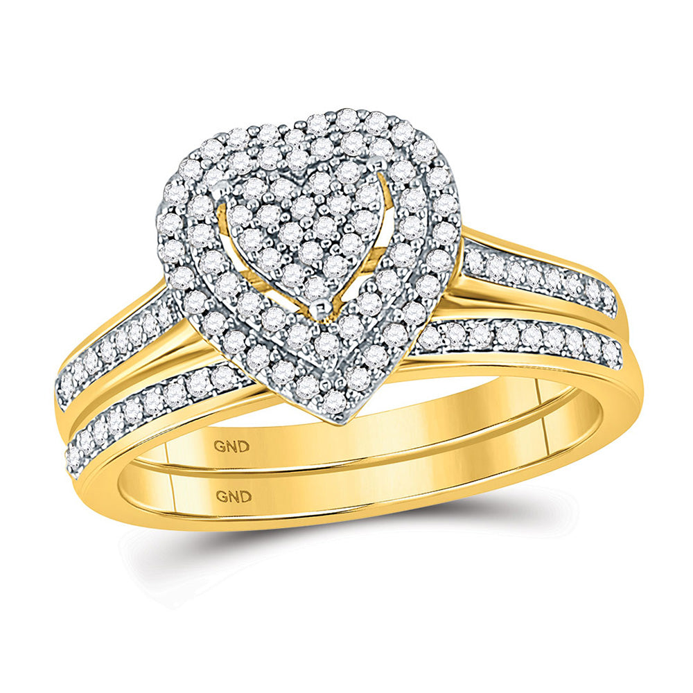 10kt Yellow Gold Diamond Heart Bridal Wedding Ring Band Set 1/3 Cttw