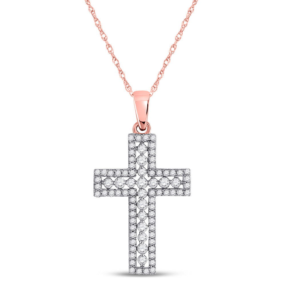 14kt Rose Gold Womens Round Diamond Cross Pendant 1/2 Cttw