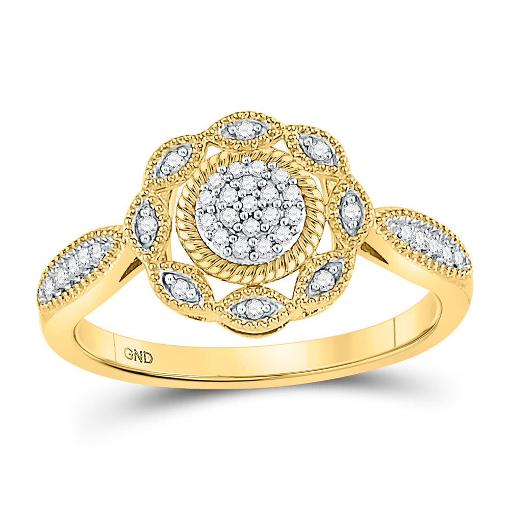 10kt Yellow Gold Womens Round Diamond Milgrain Cable Cluster Ring 1/8 Cttw