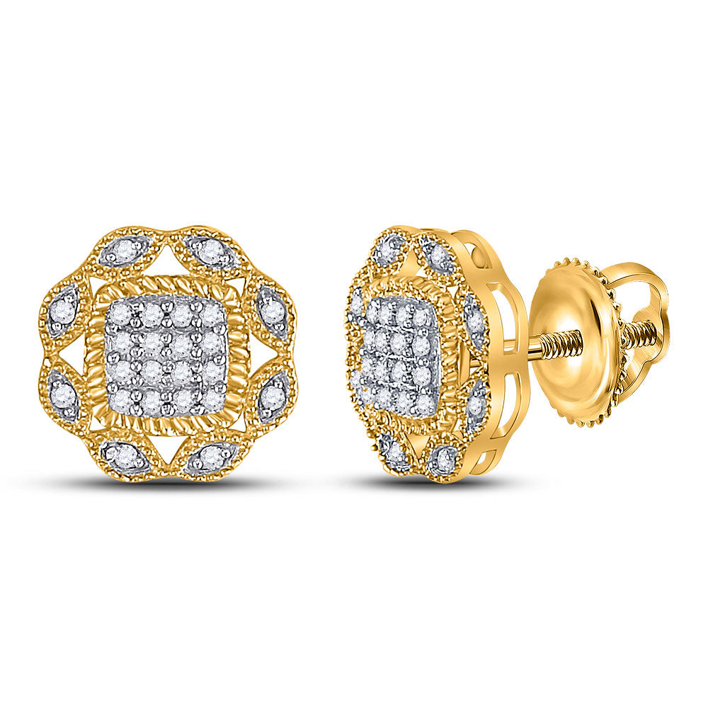 10kt Yellow Gold Womens Round Diamond Octagon Cluster Earrings 1/6 Cttw