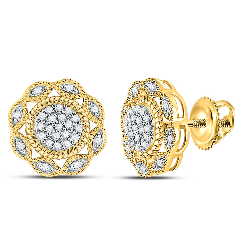 10kt Yellow Gold Womens Round Diamond Milgrain Cable Cluster Earrings 1/6 Cttw