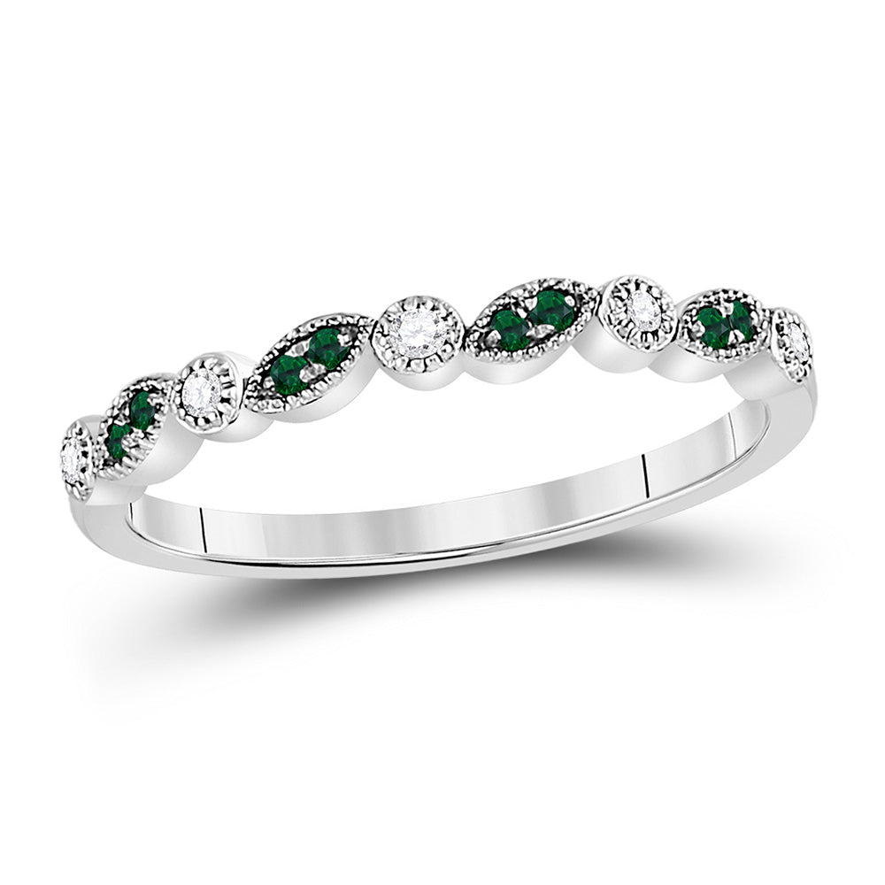 10kt White Gold Womens Round Emerald Diamond Milgrain Stackable Band Ring 1/10 Cttw