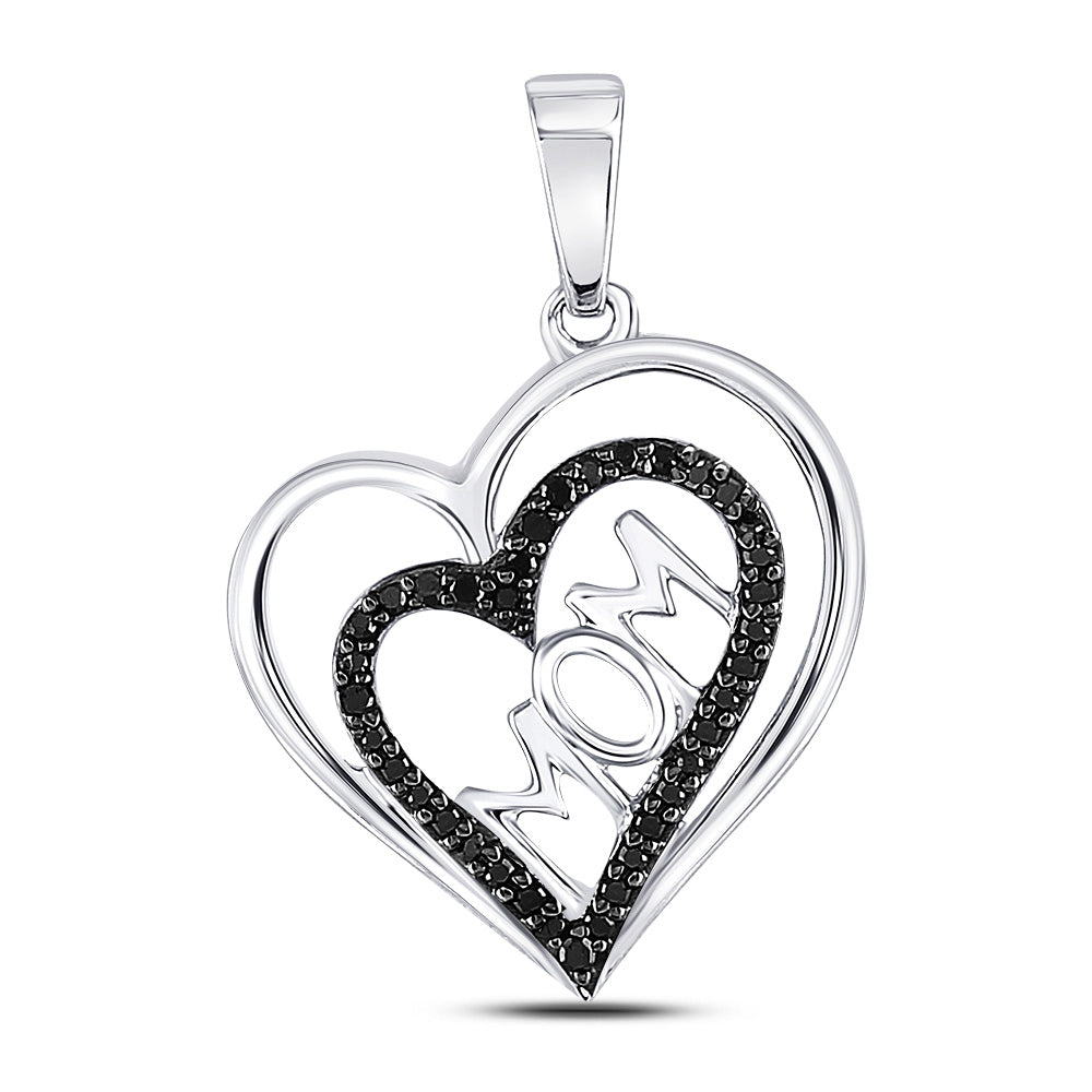 10kt White Gold Womens Round Black Color Enhanced Diamond Mom Mother Heart Pendant 1/8 Cttw