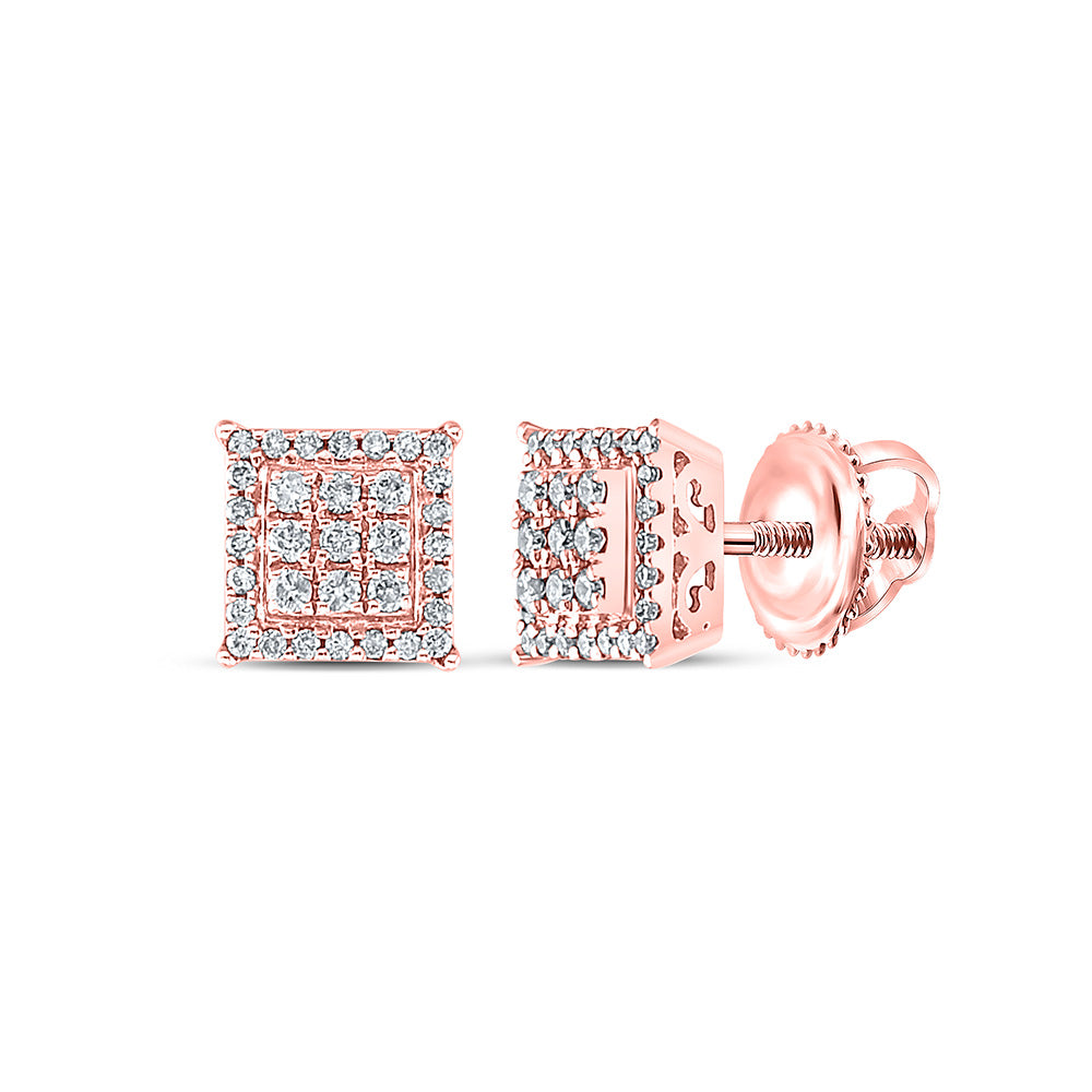 14kt Rose Gold Womens Round Diamond Square Cluster Earrings 1/4 Cttw