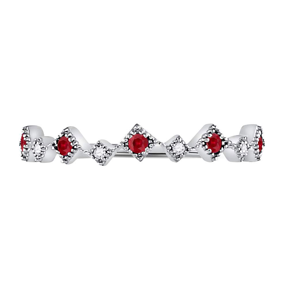 10kt White Gold Womens Round Ruby Diamond Milgrain Square Stackable Band Ring 1/8 Cttw