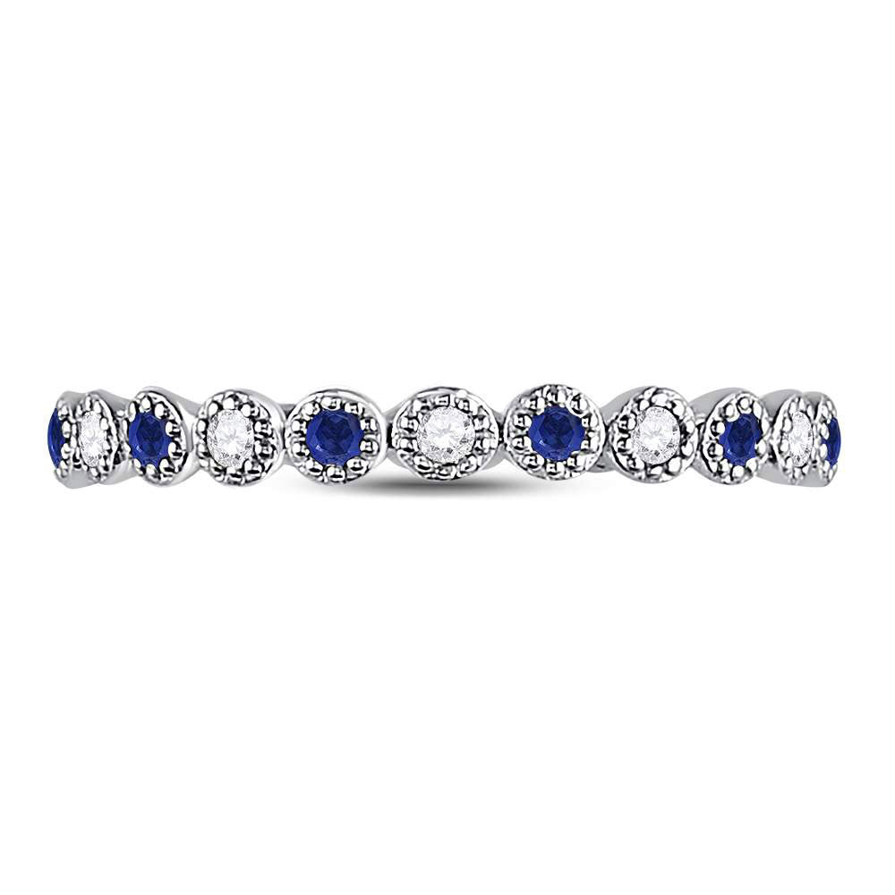 10kt White Gold Womens Round Blue Sapphire Diamond Beaded Dot Stackable Band Ring 1/6 Cttw