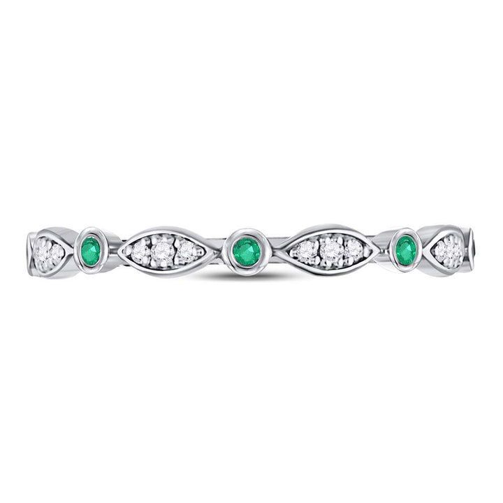 10kt White Gold Womens Round Emerald Diamond Marquise Dot Stackable Band Ring 1/8 Cttw