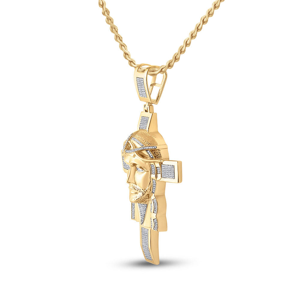 10kt Yellow Gold Mens Round Diamond Jesus Face Cross Charm Pendant 1-1/4 Cttw