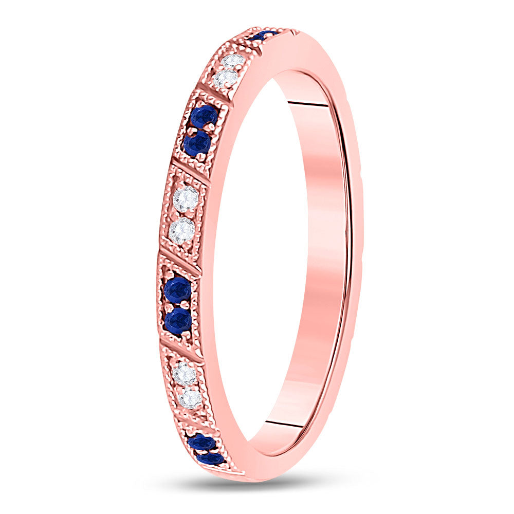 10kt Rose Gold Womens Round Blue Sapphire Diamond Milgrain Stackable Band Ring 1/4 Cttw