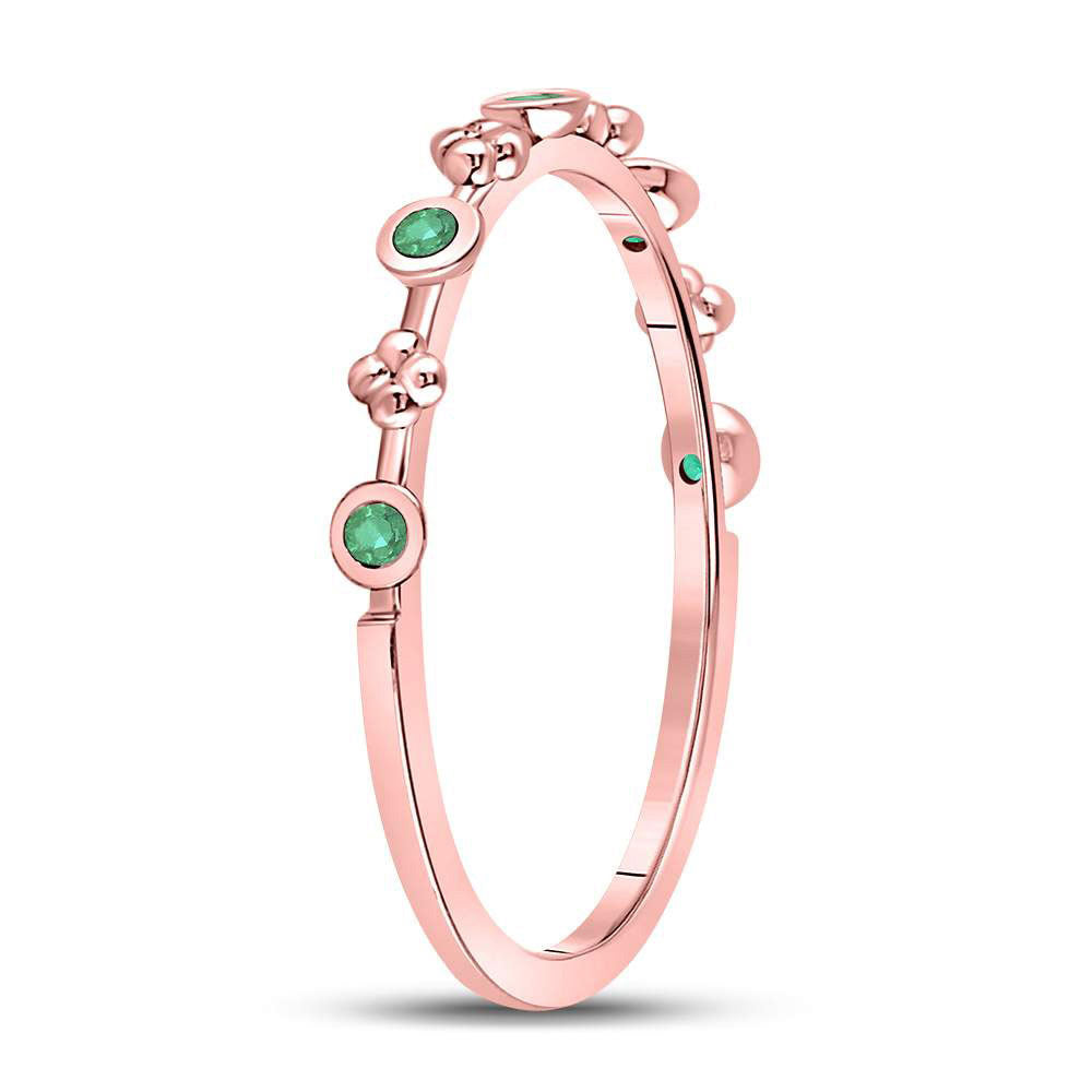 10kt Rose Gold Womens Round Emerald Dot Flower Stackable Band Ring 1/12 Cttw