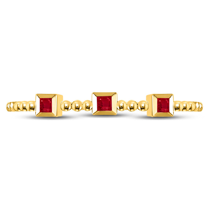 10kt Yellow Gold Womens Princess Ruby 3-Stone Beaded Stackable Band Ring 1/20 Cttw