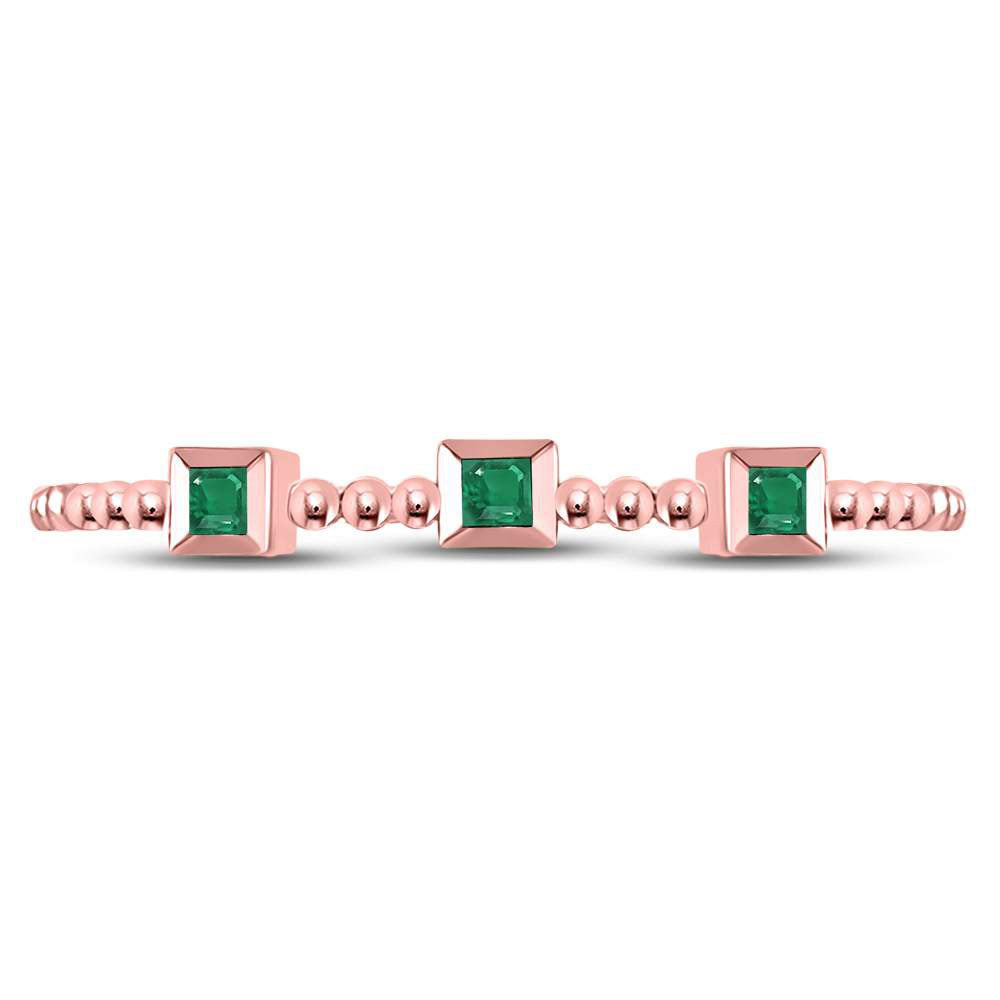 10kt Rose Gold Womens Princess Emerald Beaded 3-stone Stackable Band Ring .03 Cttw