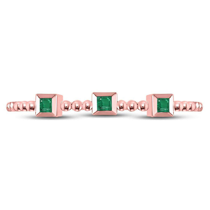 10kt Rose Gold Womens Princess Emerald Beaded 3-stone Stackable Band Ring .03 Cttw