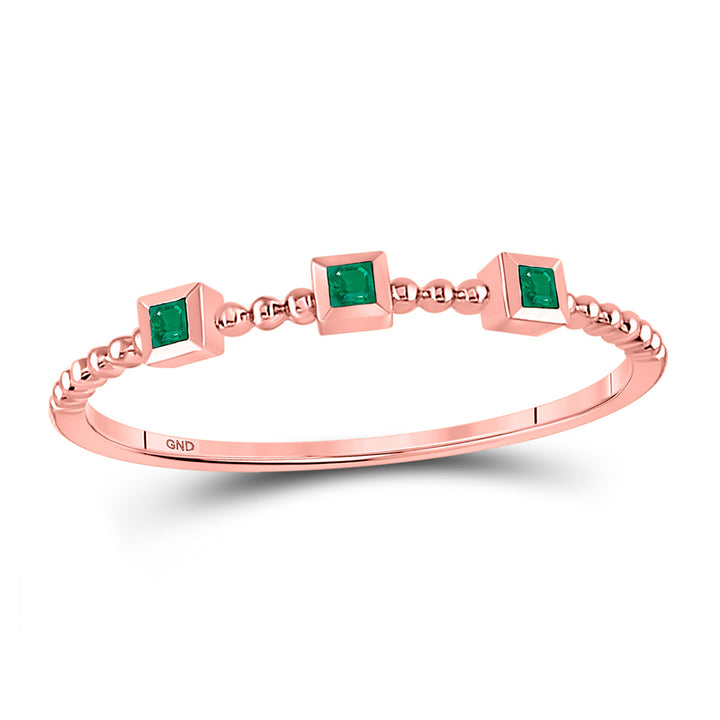 10kt Rose Gold Womens Princess Emerald Beaded 3-stone Stackable Band Ring .03 Cttw