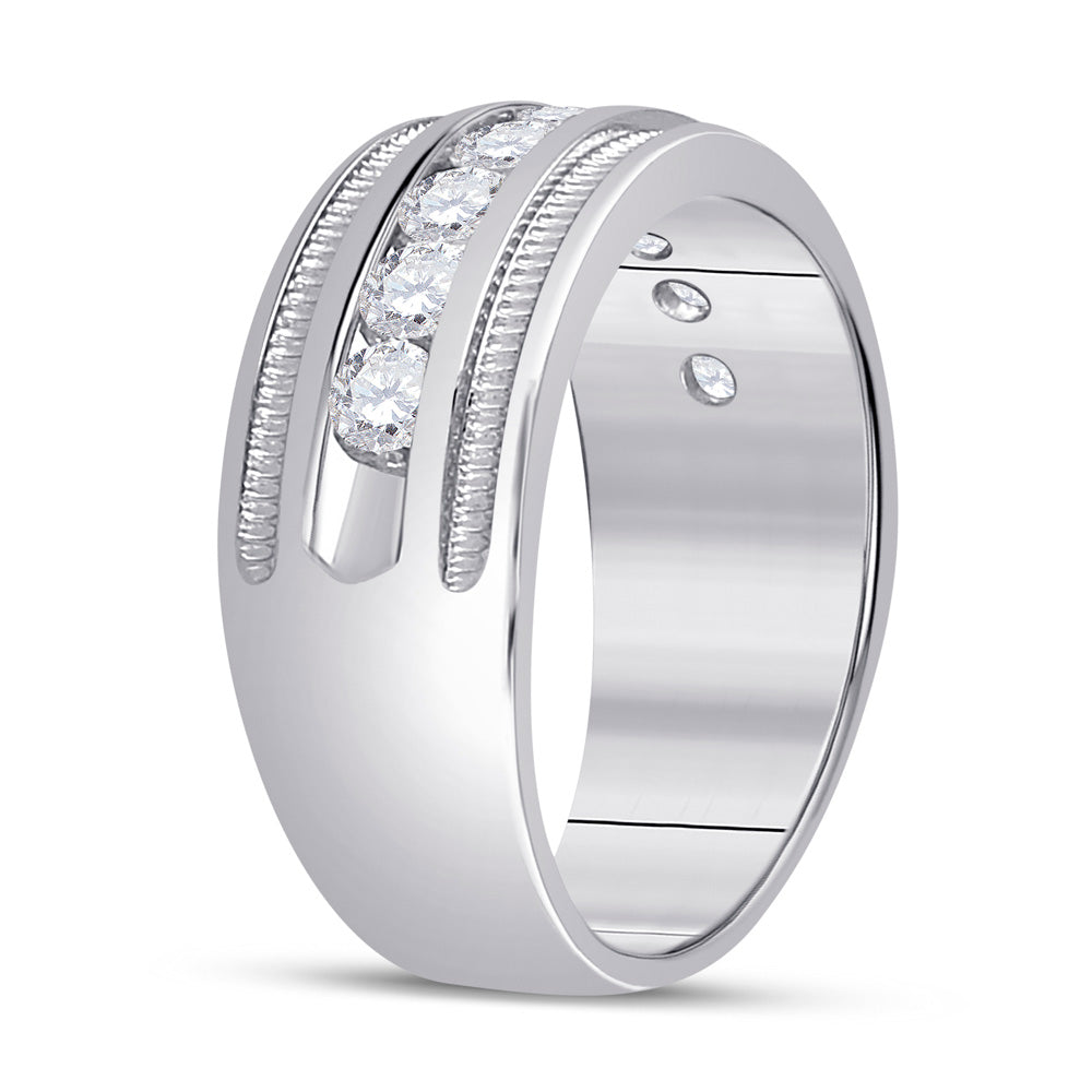 14kt White Gold Mens Round Diamond Single Row Textured Wedding Band Ring 1 Cttw