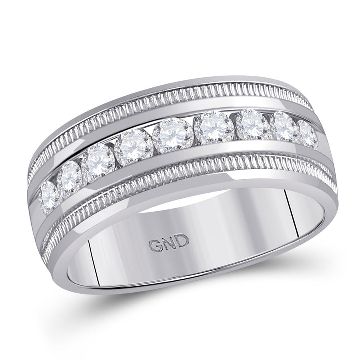 14kt White Gold Mens Round Diamond Single Row Textured Wedding Band Ring 1 Cttw