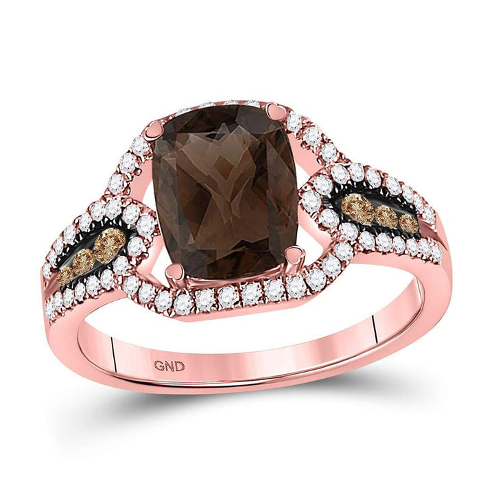 10kt Rose Gold Womens Cushion Smoky Quartz Brown Diamond Solitaire Ring 2-1/3 Cttw