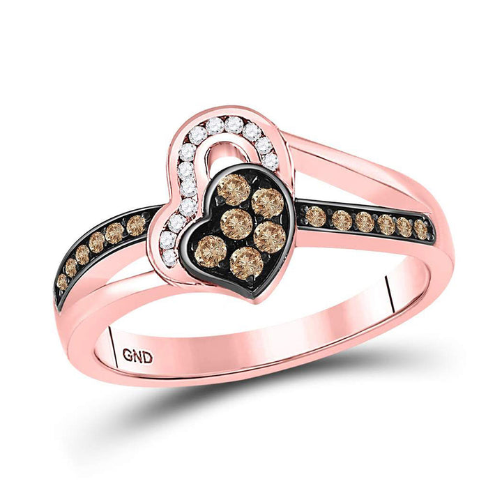 10kt Rose Gold Womens Round Brown Diamond Heart Ring 1/3 Cttw