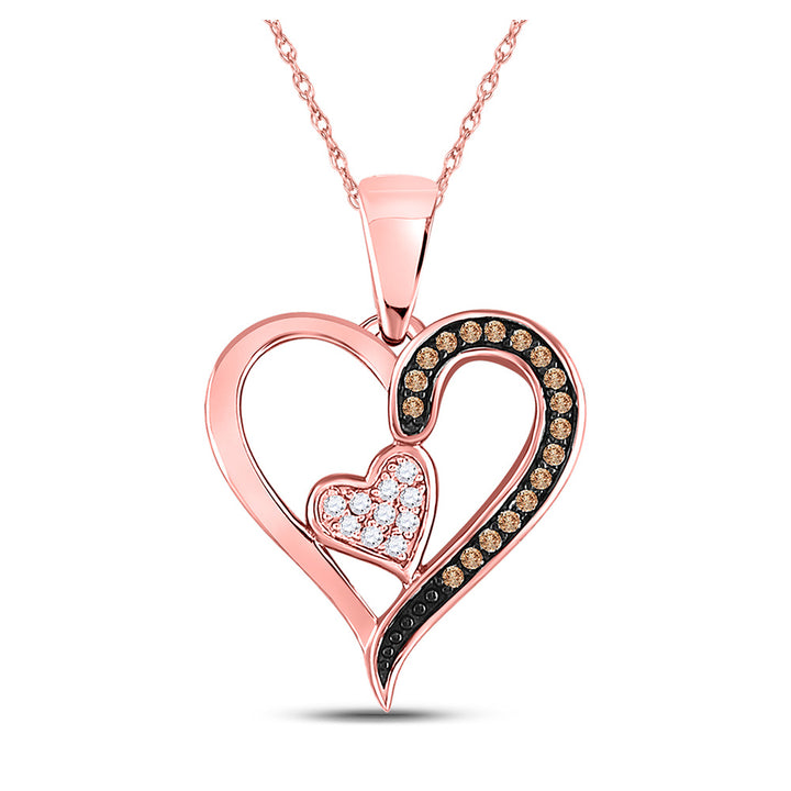 10kt Rose Gold Womens Round Brown Diamond Heart Pendant 1/10 Cttw