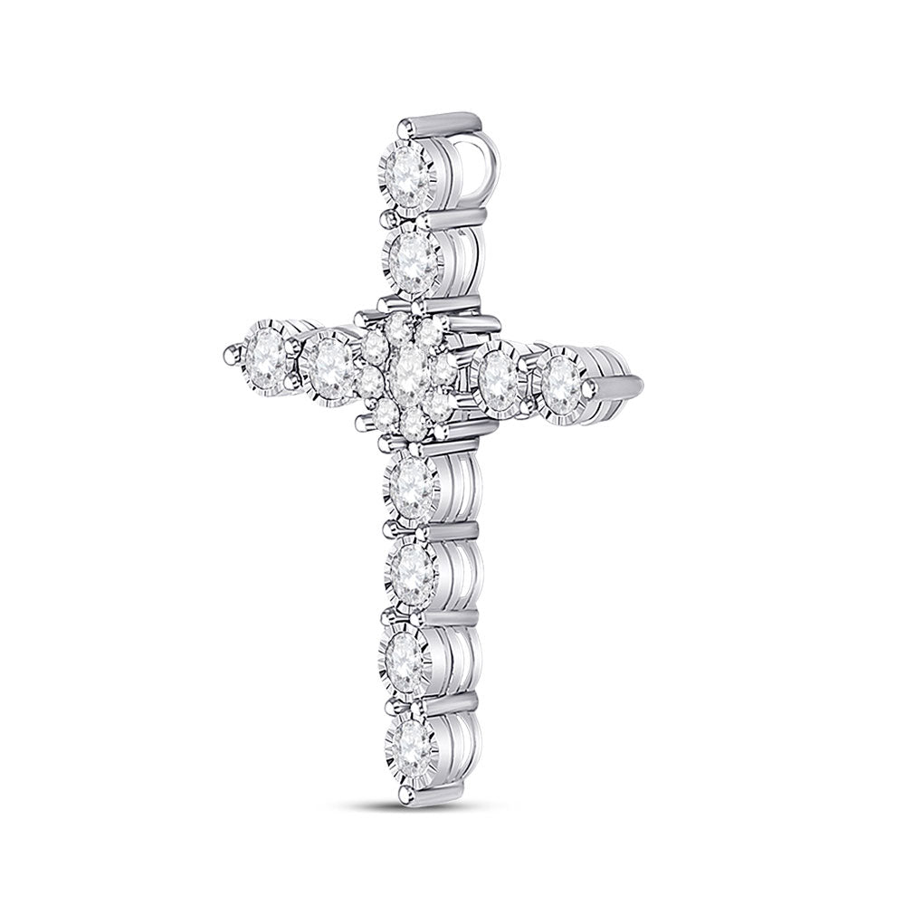 14kt White Gold Womens Round Diamond Cross Pendant 1/2 Cttw