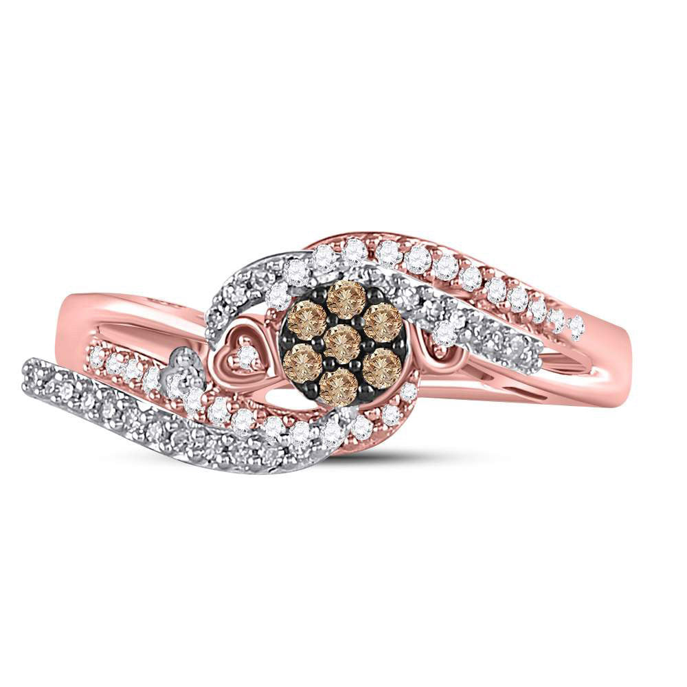 10kt Rose Gold Womens Round Brown Diamond Cluster Double Heart Ring 1/6 Cttw