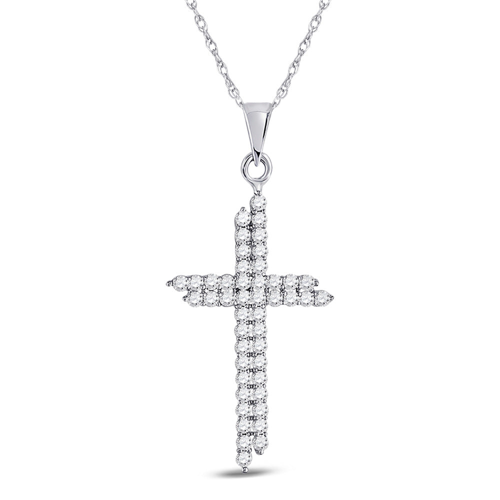 10kt White Gold Womens Round Diamond Asymmetric Cross Pendant 1/2 Cttw