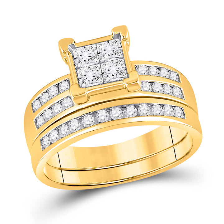 10kt Yellow Gold His Hers Princess Diamond Cluster Matching Wedding Set 1-5/8 Cttw