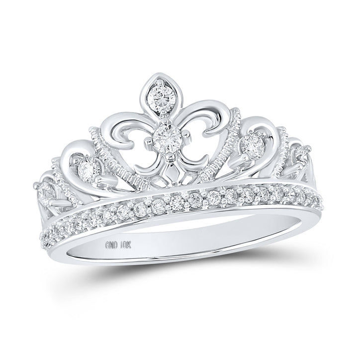 10kt White Gold Womens Round Diamond Fleur-de-lis Crown Ring 1/3 Cttw