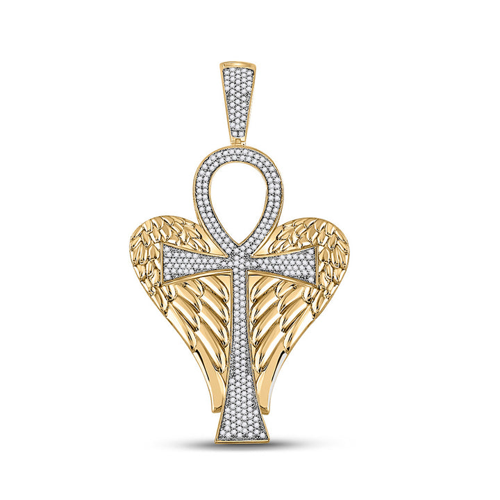 10kt Yellow Gold Mens Round Diamond Ankh Wings Cross Charm Pendant 3/4 Cttw