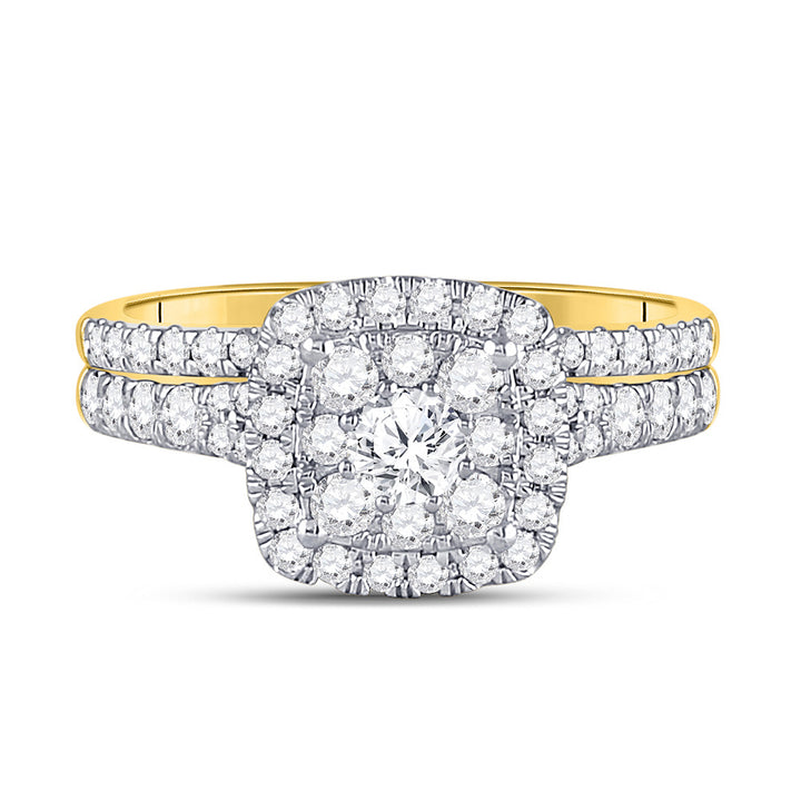 14kt Yellow Gold Round Diamond Square Halo Bridal Wedding Ring Band Set 1 Cttw