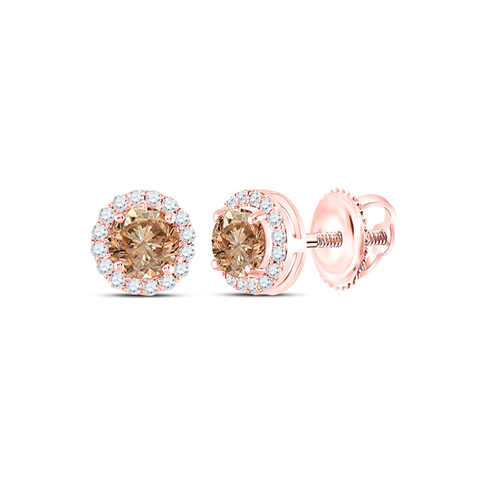 14kt Rose Gold Womens Round Brown Diamond Stud Earrings 1 Cttw