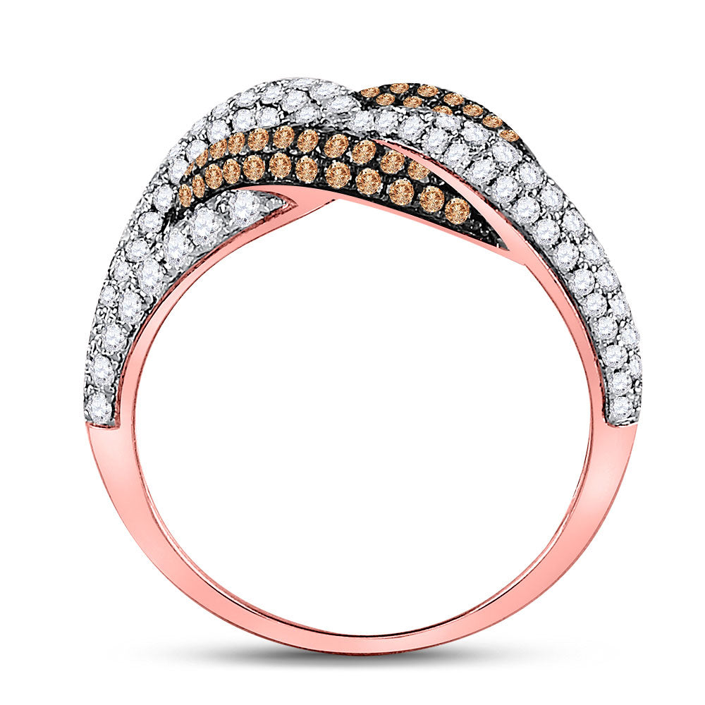 14kt Rose Gold Womens Round Brown Diamond Link Fashion Ring 1-1/2 Cttw