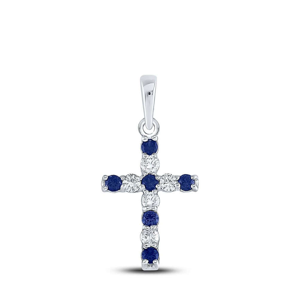 10kt White Gold Womens Round Lab-Created Blue Sapphire Cross Pendant 1/3 Cttw