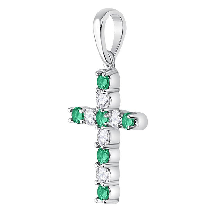 10kt White Gold Womens Round Lab-Created Emerald Cross Pendant 1/3 Cttw